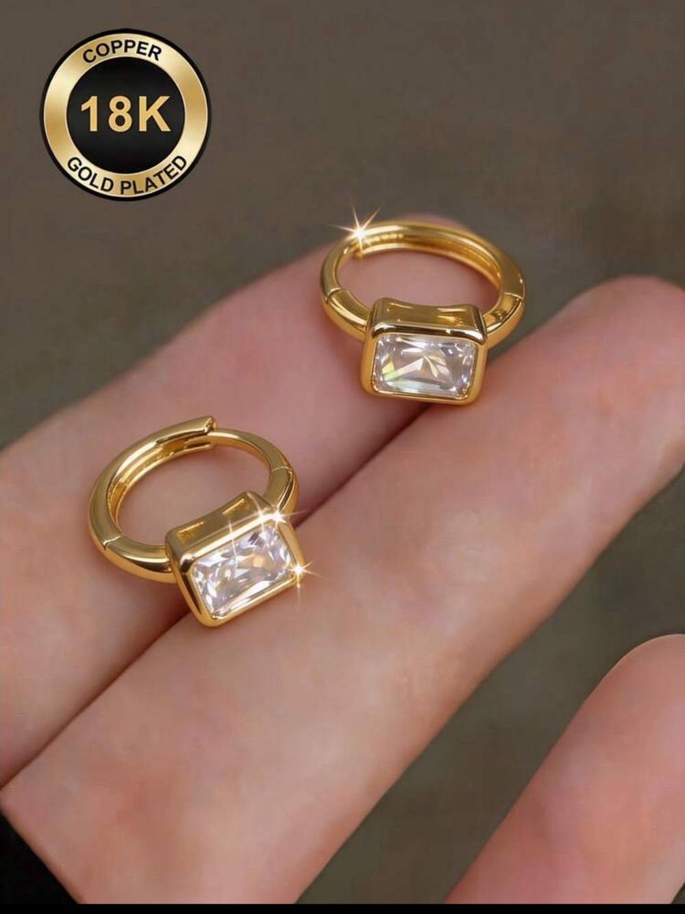 Gold-Plated 18K Hoop Earrings with Clear Square Cubic Zirconia
